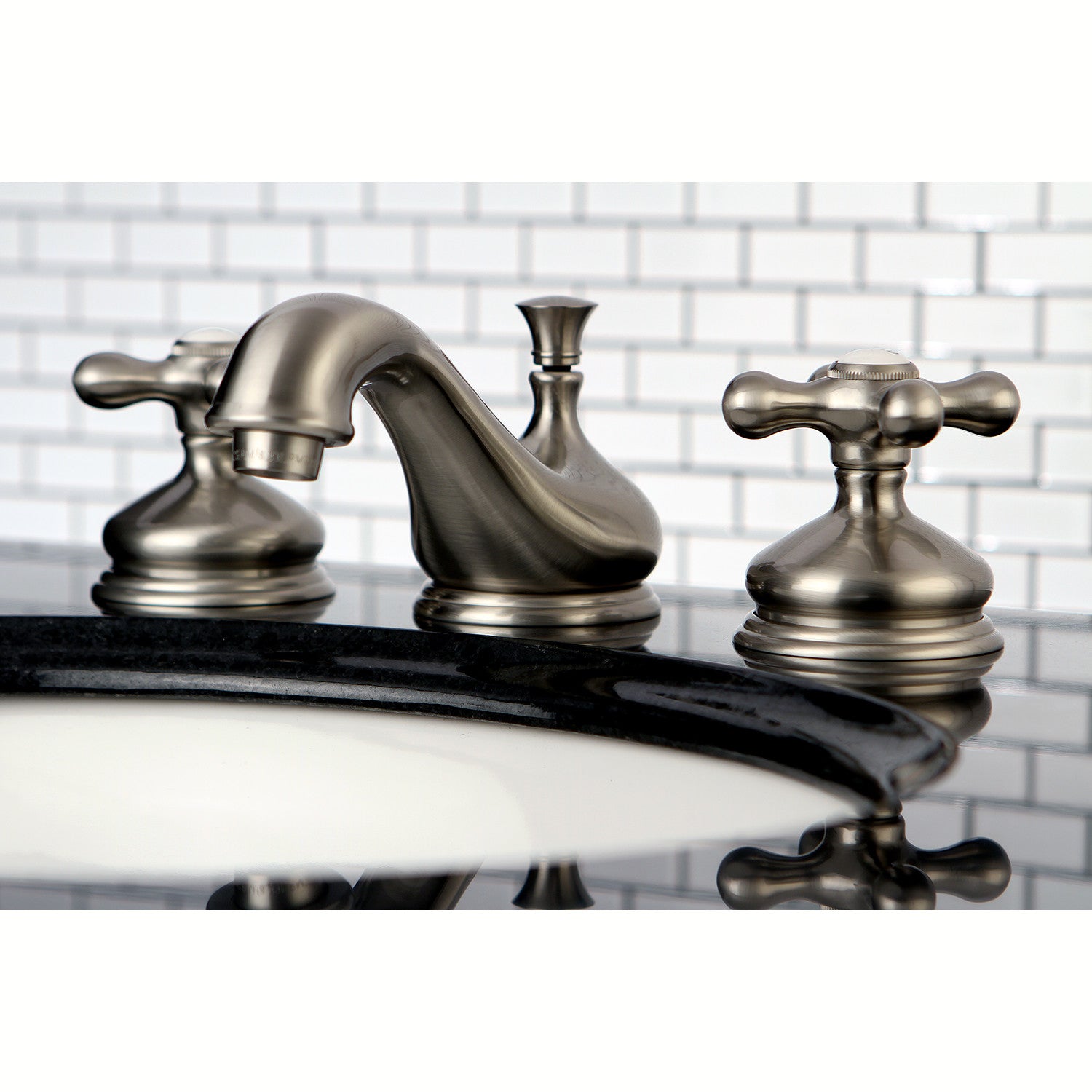 Kingston Heirloom KS1168AX - Heritage Two-Handle 3-Hole Deck Mount Widespread Bathroom Faucet with Brass Pop-Up, Brushed Nickel — thumbnail 2